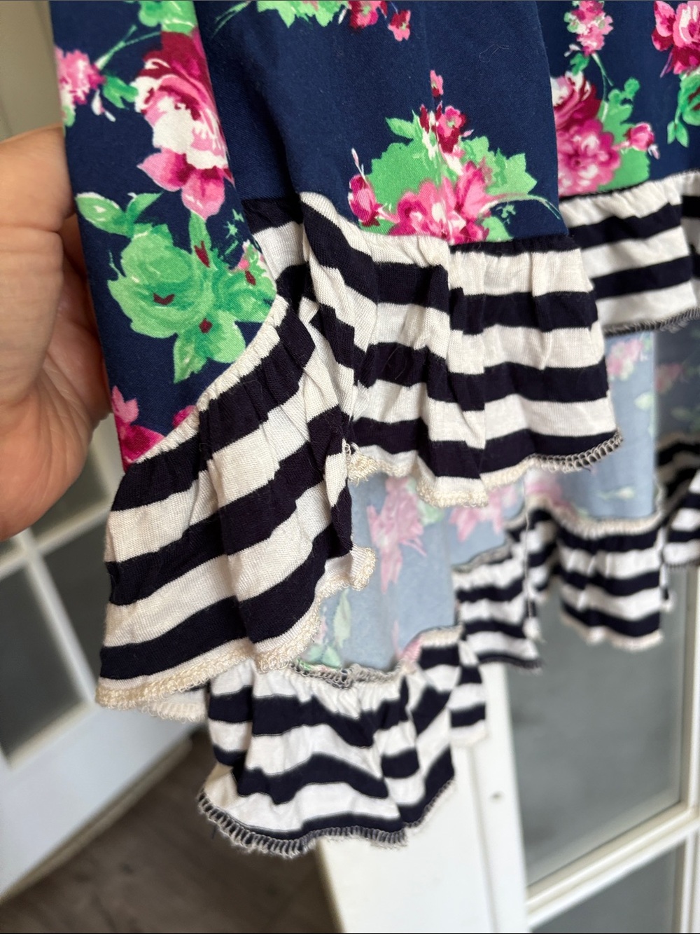 Navy Floral High-Low Tunic with Striped Ruffles - Picture 4 of 5